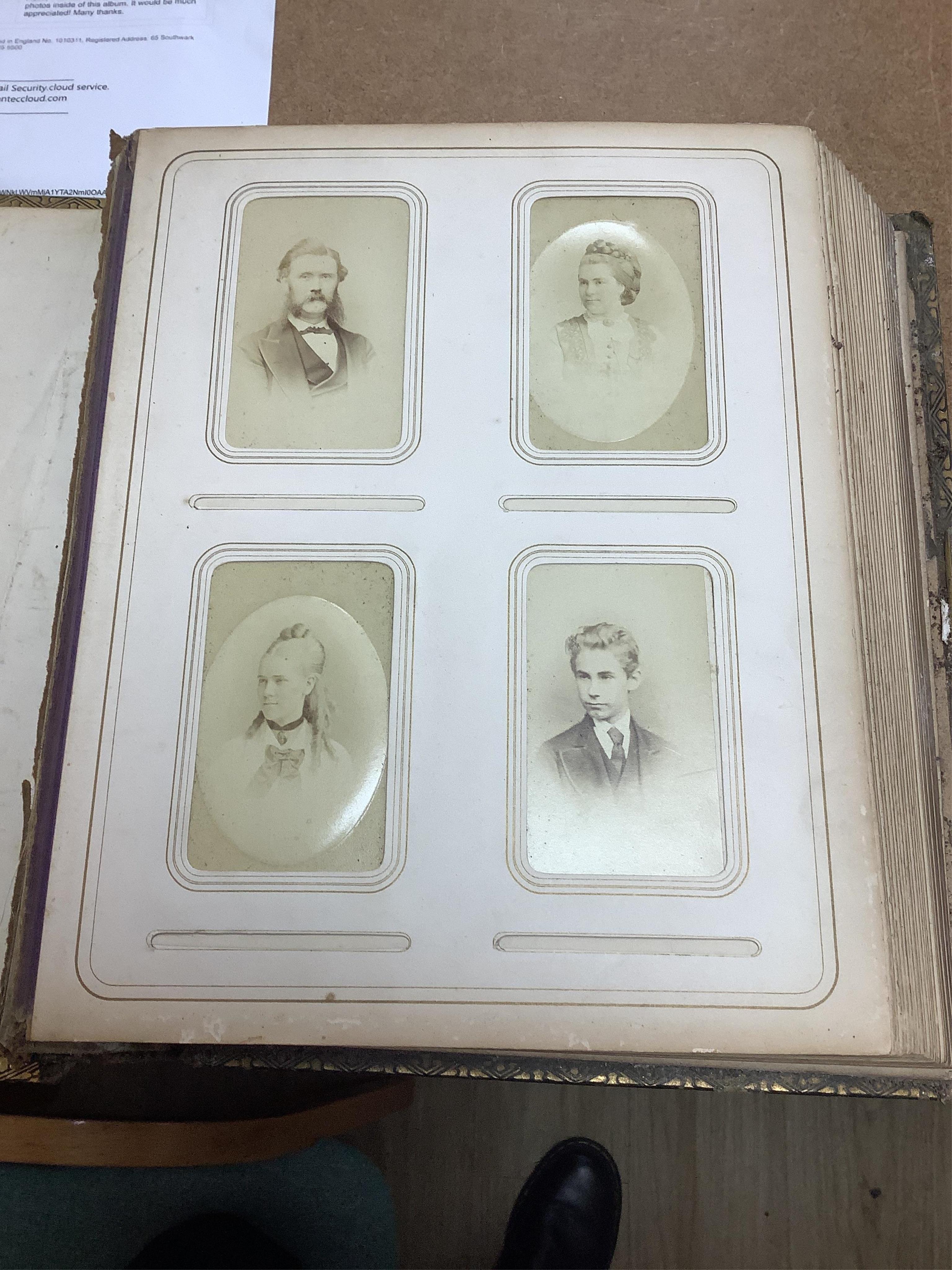 A Victorian malachite mounted amboyna family photograph album, 23cm x 30cm